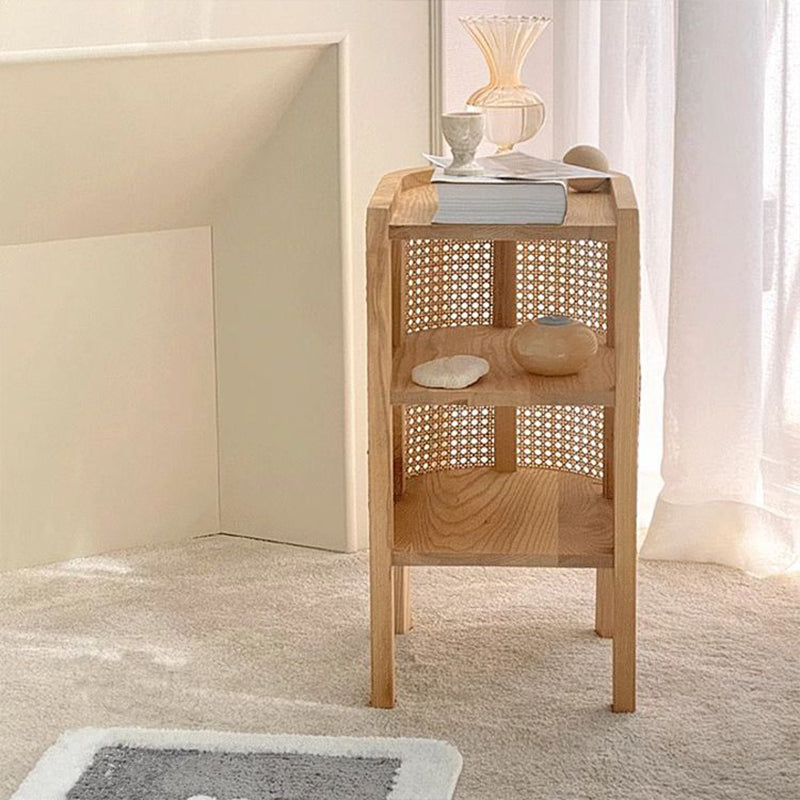 Contemporary Boho Half-Circle Shape Rattan Solid Wood Side Table 3-Tier For Living Room