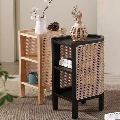 Contemporary Boho Half-Circle Shape Rattan Solid Wood Side Table 3-Tier For Living Room