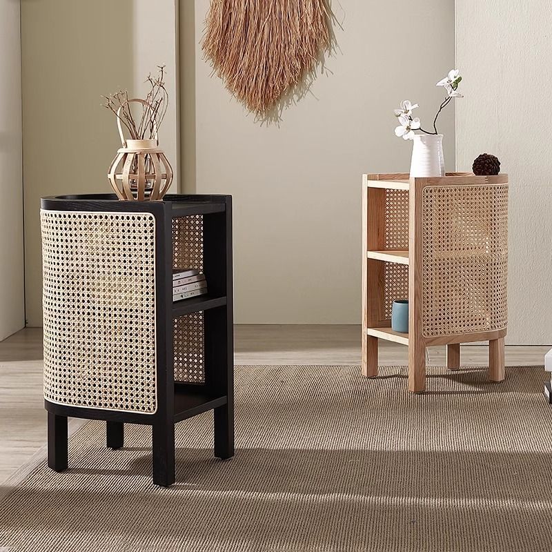 Contemporary Boho Half-Circle Shape Rattan Solid Wood Side Table 3-Tier For Living Room