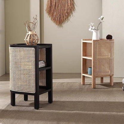 Contemporary Boho Half-Circle Shape Rattan Solid Wood Side Table 3-Tier For Living Room