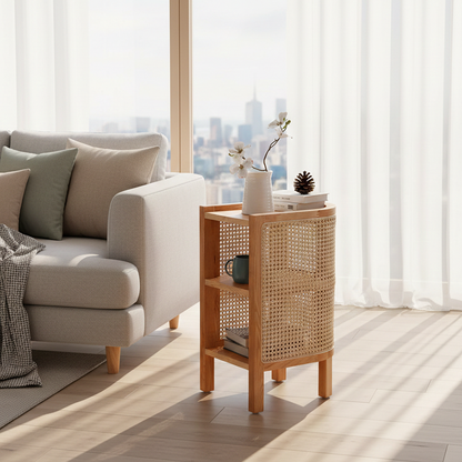 Contemporary Boho Half-Circle Shape Rattan Solid Wood Side Table 3-Tier For Living Room