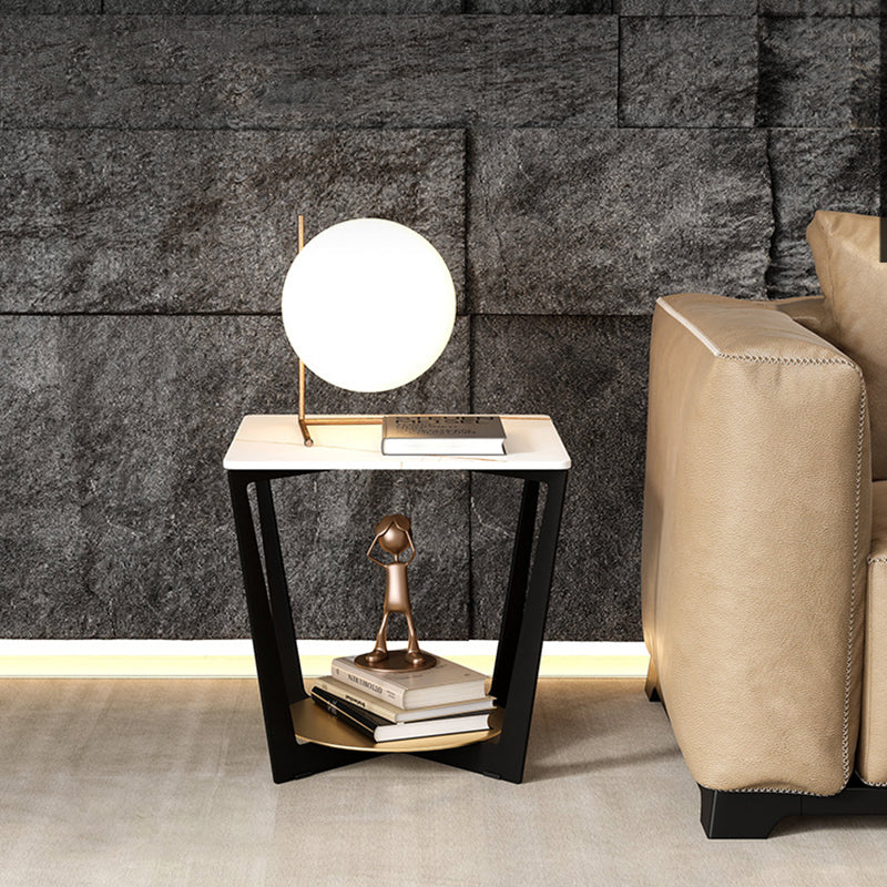Modern Art Decor Rectangular Stone Slab Iron Side Table 2-Tier For Living Room