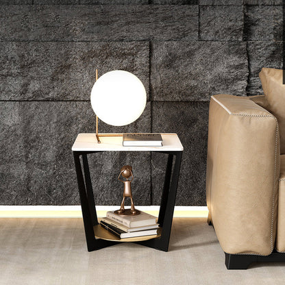 Modern Art Decor Rectangular Stone Slab Iron Side Table 2-Tier For Living Room