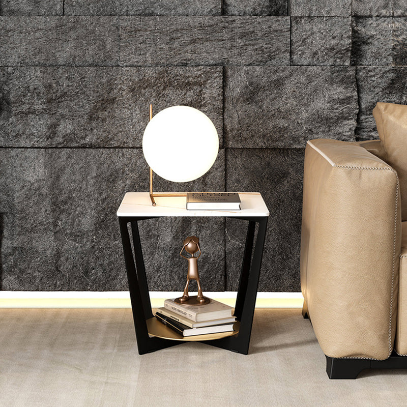 Modern Art Decor Rectangular Stone Slab Iron Side Table 2-Tier For Living Room