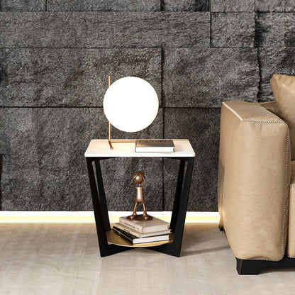 Modern Art Decor Rectangular Stone Slab Iron Side Table 2-Tier For Living Room