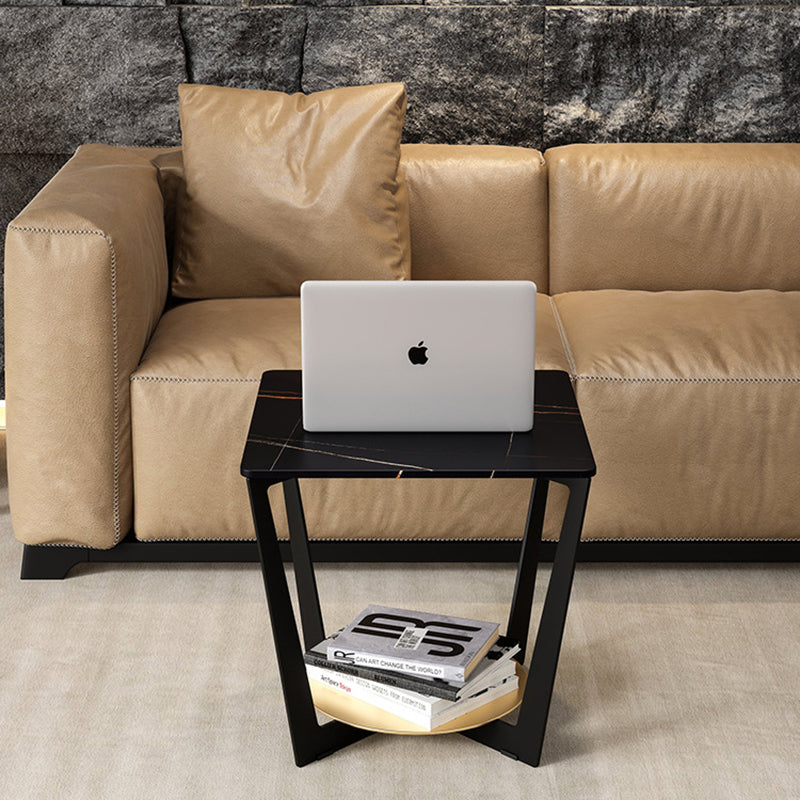 Modern Art Decor Rectangular Stone Slab Iron Side Table 2-Tier For Living Room