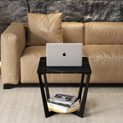 Modern Art Decor Rectangular Stone Slab Iron Side Table 2-Tier For Living Room