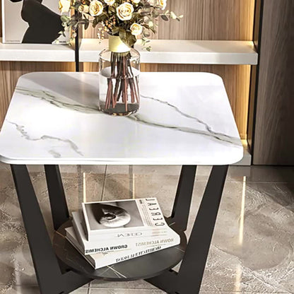 Modern Art Decor Rectangular Stone Slab Iron Side Table 2-Tier For Living Room