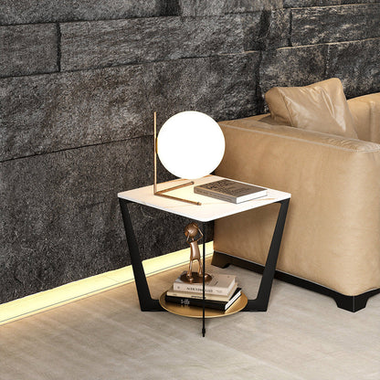 Modern Art Decor Rectangular Stone Slab Iron Side Table 2-Tier For Living Room