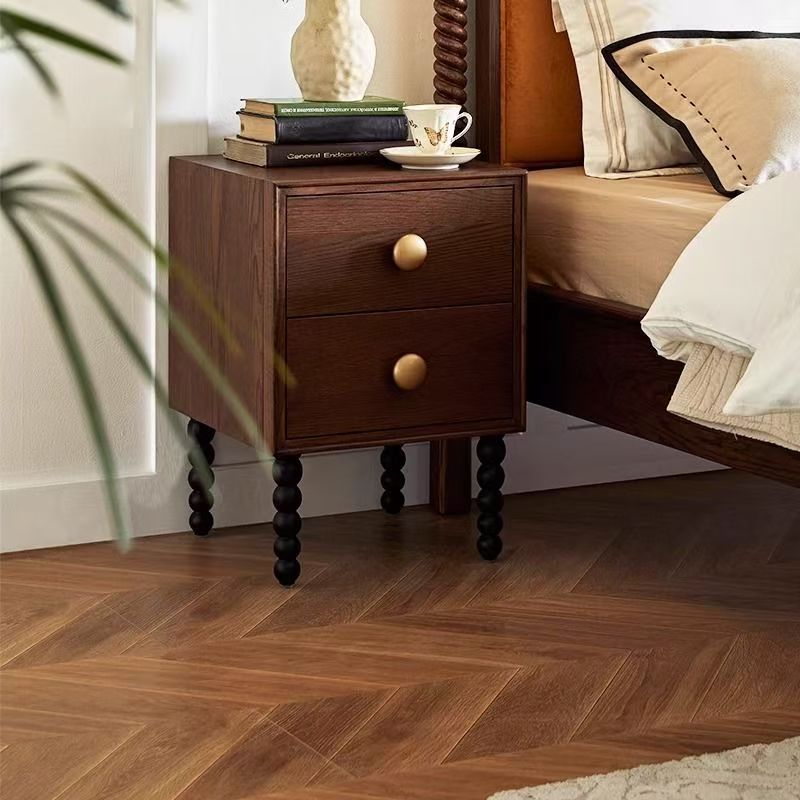 Traditional French Rectangular Pine Wood Solid Wood Nightstand 2-Drawer For Bedroom