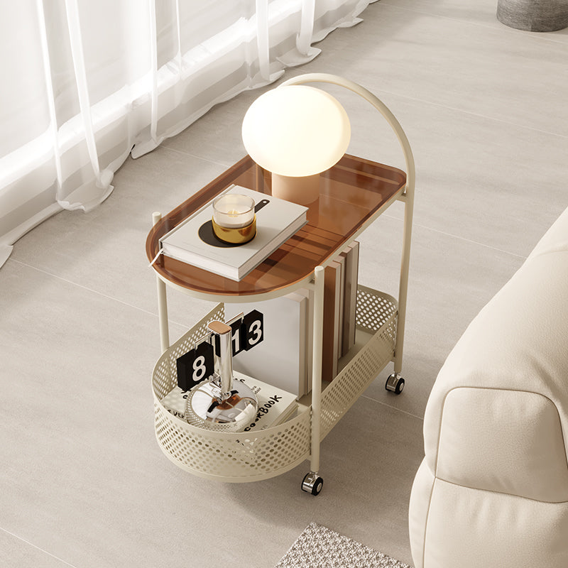 Modern Minimalist Arched Carbon Steel Tempered Glass Side Table 2-Tier For Living Room