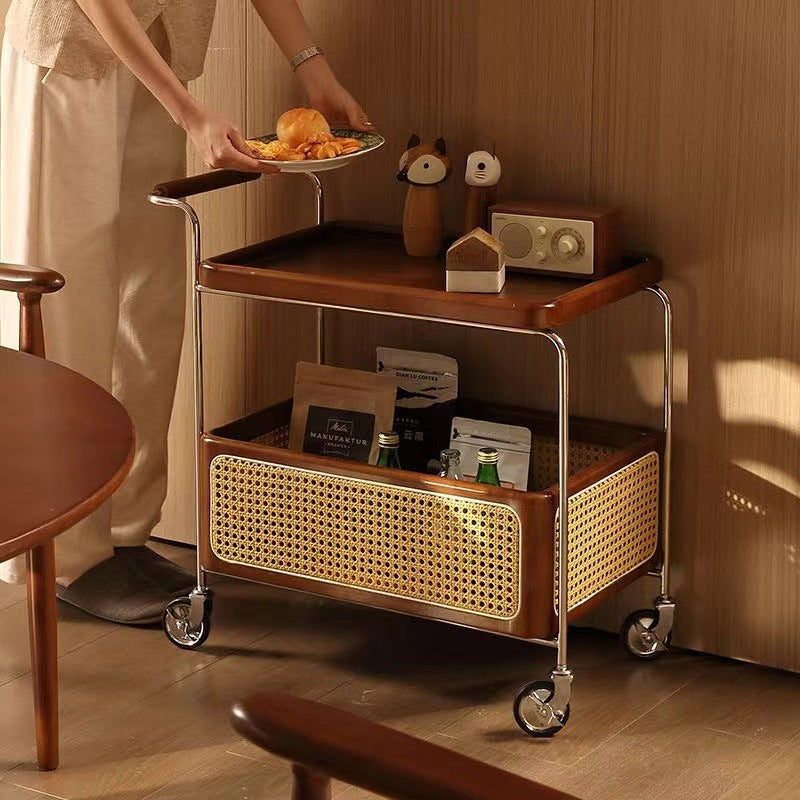 Traditional Japanese Cart-Shaped Stainless Steel Solid Wood Rattan Side Table 2-Tier For Living Room