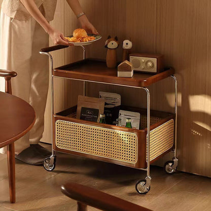 Traditional Japanese Cart-Shaped Stainless Steel Solid Wood Rattan Side Table 2-Tier For Living Room
