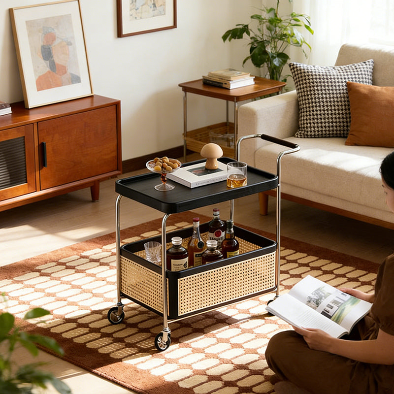 Traditional Japanese Cart-Shaped Stainless Steel Solid Wood Rattan Side Table 2-Tier For Living Room