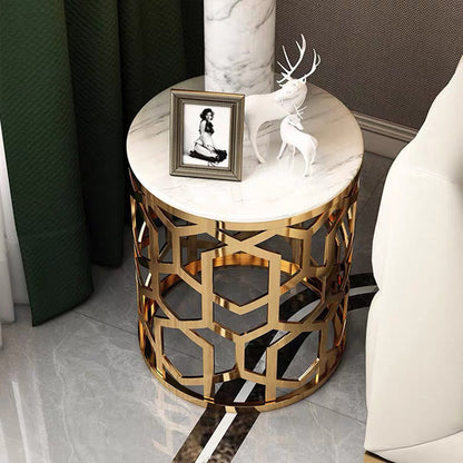 Contemporary Luxury Cylindrical Marble Stainless Steel Side Table 1-Storage For Living Room