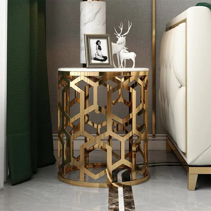 Contemporary Luxury Cylindrical Marble Stainless Steel Side Table 1-Storage For Living Room
