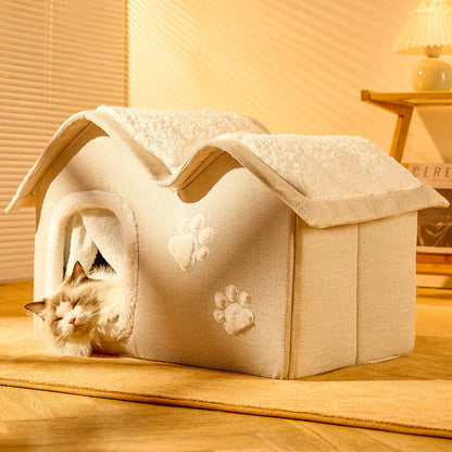 Contemporary Creative House-Shaped Arctic Wool Cat Bed For Bedroom