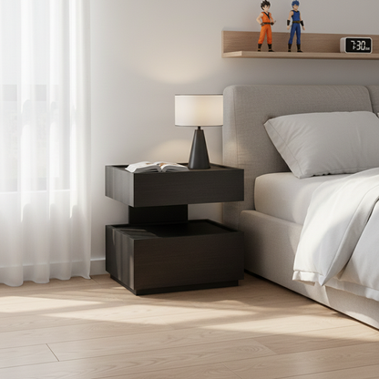 Modern Minimalist Rectangular Solid Wood Multi-Layer Board Steel Nightstand 2-Drawer For Bedroom