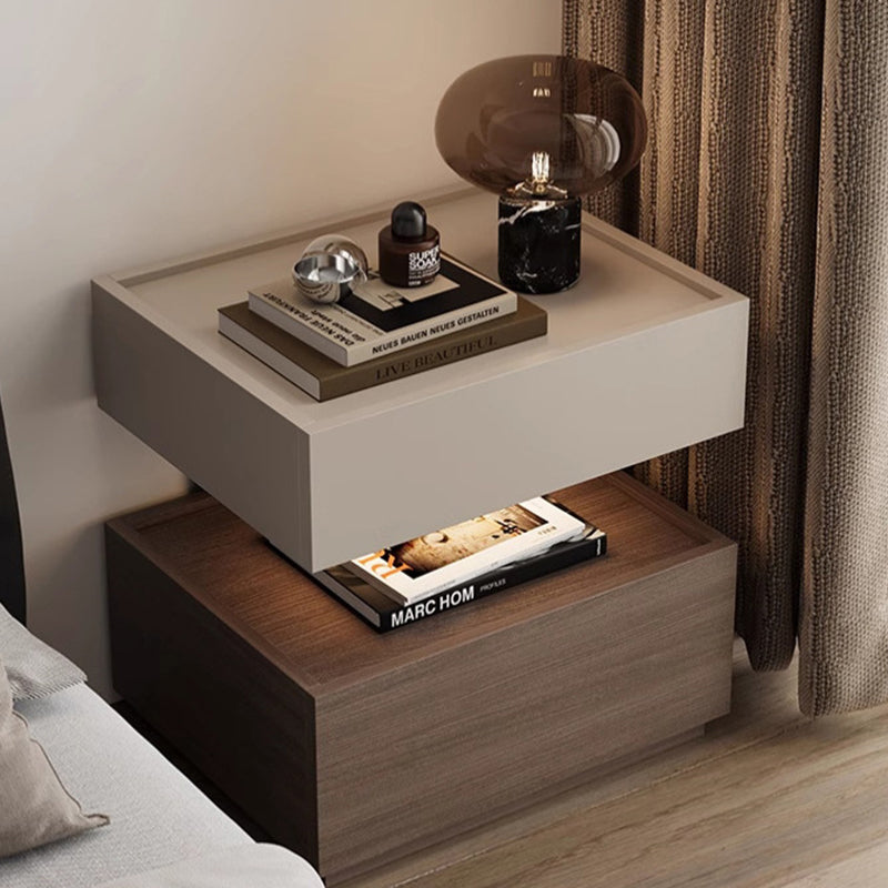 Modern Minimalist Rectangular Solid Wood Multi-Layer Board Steel Nightstand 2-Drawer For Bedroom