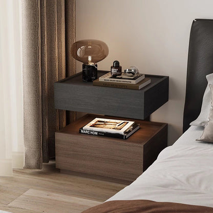 Modern Minimalist Rectangular Solid Wood Multi-Layer Board Steel Nightstand 2-Drawer For Bedroom