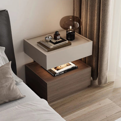 Modern Minimalist Rectangular Solid Wood Multi-Layer Board Steel Nightstand 2-Drawer For Bedroom
