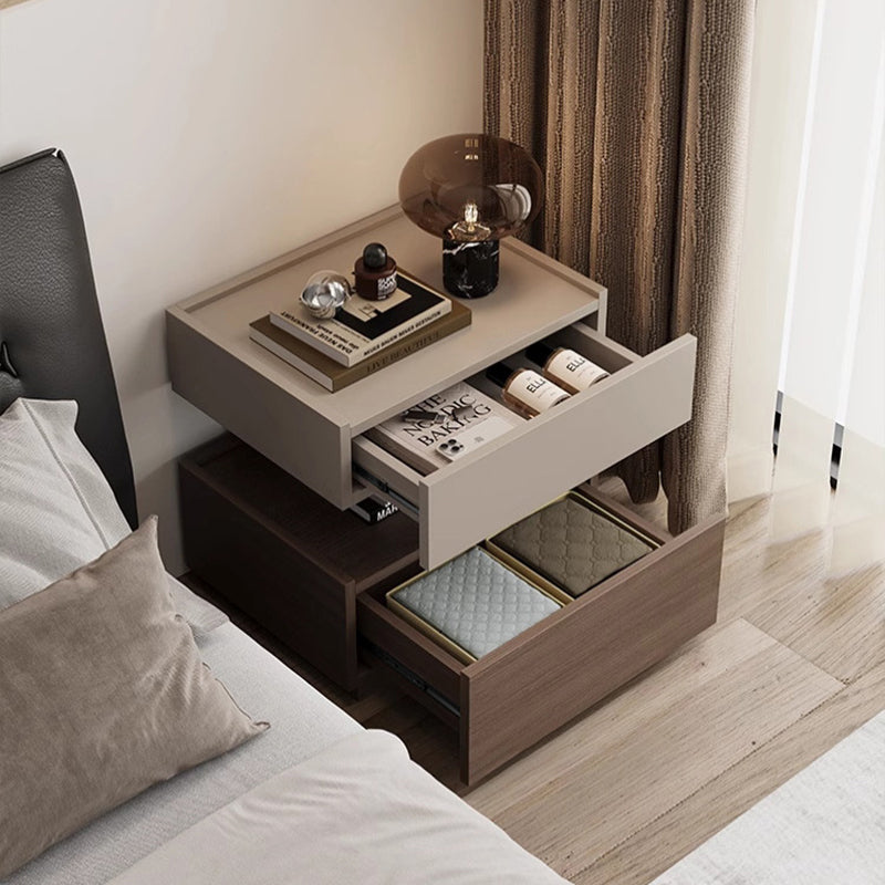 Modern Minimalist Rectangular Solid Wood Multi-Layer Board Steel Nightstand 2-Drawer For Bedroom