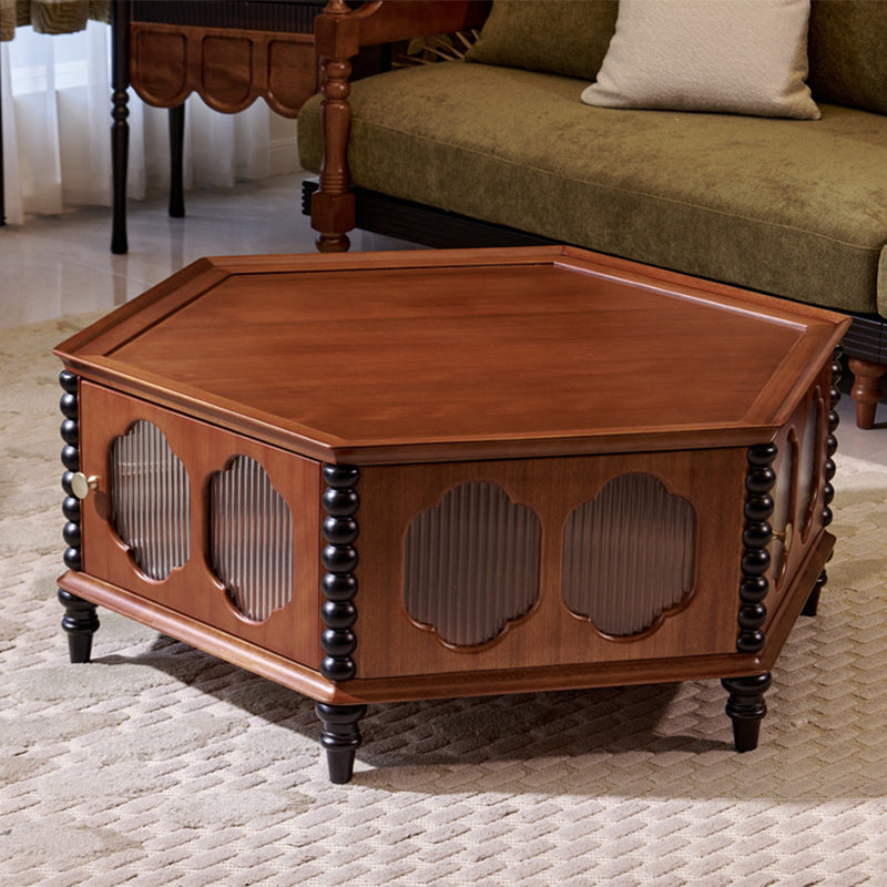 Traditional Vintage Hexagonal Mahogany Rubberwood Multi-Layer Solid Wood Coffee Table 1-Storage For Living Room