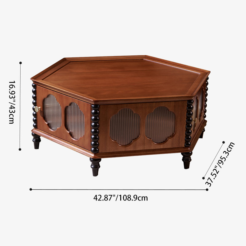 Traditional Vintage Hexagonal Mahogany Rubberwood Multi-Layer Solid Wood Coffee Table 1-Storage For Living Room
