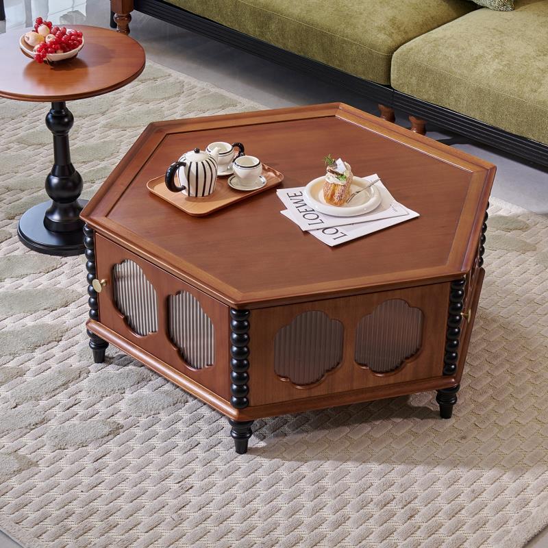 Traditional Vintage Hexagonal Mahogany Rubberwood Multi-Layer Solid Wood Coffee Table 1-Storage For Living Room