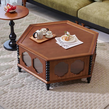 Traditional Vintage Hexagonal Mahogany Rubberwood Multi-Layer Solid Wood Coffee Table 1-Storage For Living Room
