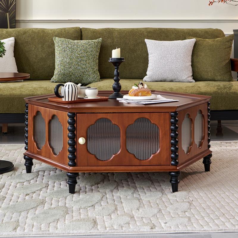 Traditional Vintage Hexagonal Mahogany Rubberwood Multi-Layer Solid Wood Coffee Table 1-Storage For Living Room