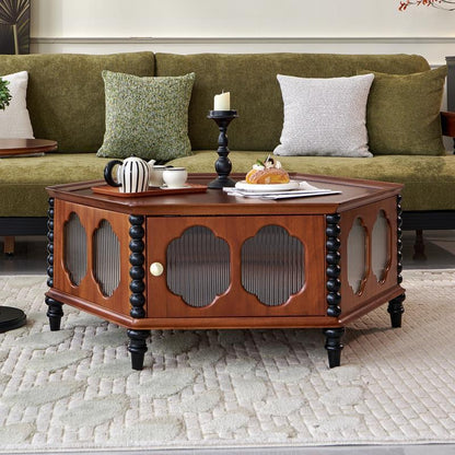 Traditional Vintage Hexagonal Mahogany Rubberwood Multi-Layer Solid Wood Coffee Table 1-Storage For Living Room