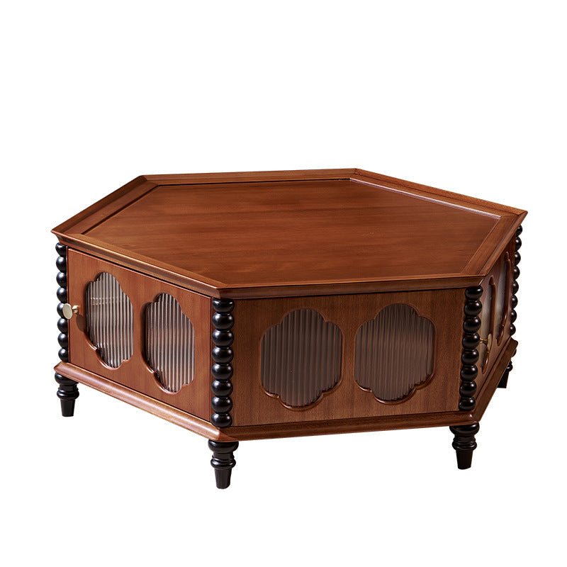 Traditional Vintage Hexagonal Mahogany Rubberwood Multi-Layer Solid Wood Coffee Table 1-Storage For Living Room