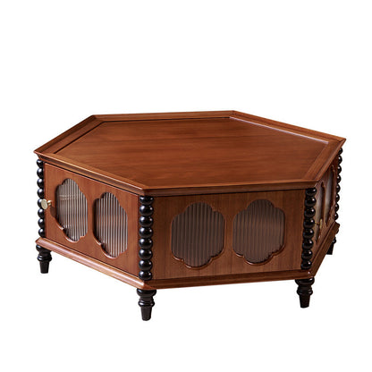 Traditional Vintage Hexagonal Mahogany Rubberwood Multi-Layer Solid Wood Coffee Table 1-Storage For Living Room