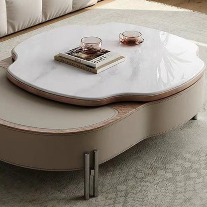 Contemporary Creative Cloud-Shaped Microcrystalline Stone Medium Density Fiberboard Saddle Leather Solid Wood Stainless Steel Coffee Table 2-Tier For Living Room