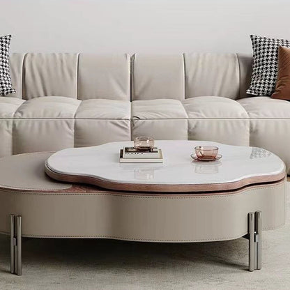 Contemporary Creative Cloud-Shaped Microcrystalline Stone Medium Density Fiberboard Saddle Leather Solid Wood Stainless Steel Coffee Table 2-Tier For Living Room