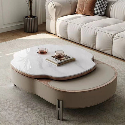 Contemporary Creative Cloud-Shaped Microcrystalline Stone Medium Density Fiberboard Saddle Leather Solid Wood Stainless Steel Coffee Table 2-Tier For Living Room