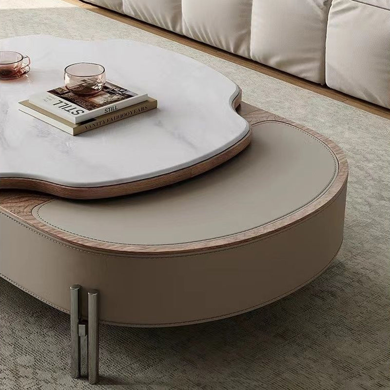 Contemporary Creative Cloud-Shaped Microcrystalline Stone Medium Density Fiberboard Saddle Leather Solid Wood Stainless Steel Coffee Table 2-Tier For Living Room