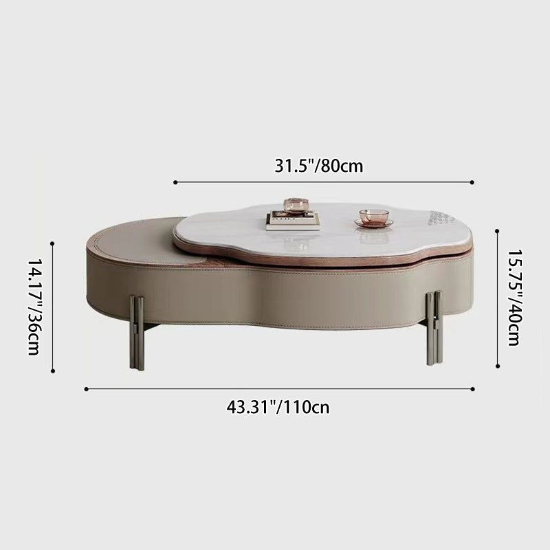 Contemporary Creative Cloud-Shaped Microcrystalline Stone Medium Density Fiberboard Saddle Leather Solid Wood Stainless Steel Coffee Table 2-Tier For Living Room