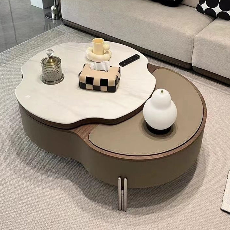 Contemporary Creative Cloud-Shaped Microcrystalline Stone Medium Density Fiberboard Saddle Leather Solid Wood Stainless Steel Coffee Table 2-Tier For Living Room
