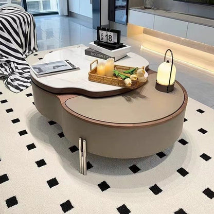 Contemporary Creative Cloud-Shaped Microcrystalline Stone Medium Density Fiberboard Saddle Leather Solid Wood Stainless Steel Coffee Table 2-Tier For Living Room