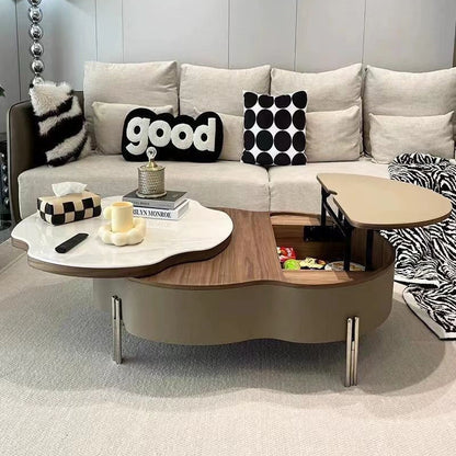 Contemporary Creative Cloud-Shaped Microcrystalline Stone Medium Density Fiberboard Saddle Leather Solid Wood Stainless Steel Coffee Table 2-Tier For Living Room