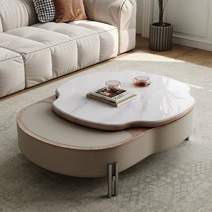 Contemporary Creative Cloud-Shaped Microcrystalline Stone Medium Density Fiberboard Saddle Leather Solid Wood Stainless Steel Coffee Table 2-Tier For Living Room