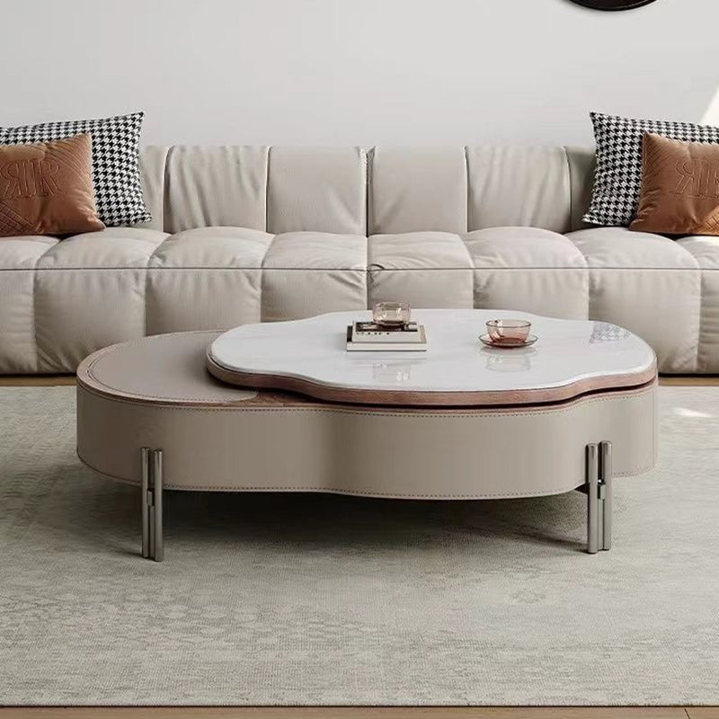 Contemporary Creative Cloud-Shaped Microcrystalline Stone Medium Density Fiberboard Saddle Leather Solid Wood Stainless Steel Coffee Table 2-Tier For Living Room