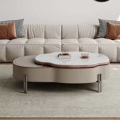 Contemporary Creative Cloud-Shaped Microcrystalline Stone Medium Density Fiberboard Saddle Leather Solid Wood Stainless Steel Coffee Table 2-Tier For Living Room