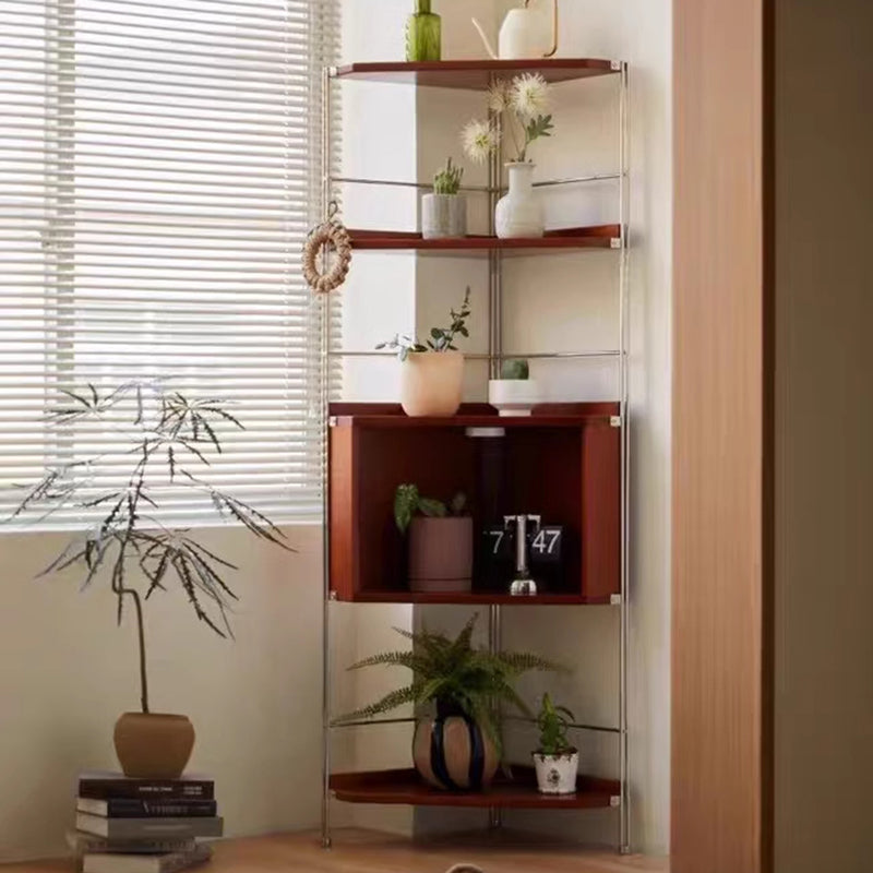 Modern Minimalist Triangular Cherry Wood Stainless Steel Corner Shelf Unit 5-Tier For Living Room