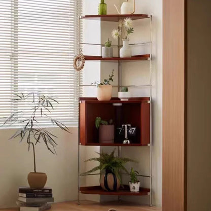 Modern Minimalist Triangular Cherry Wood Stainless Steel Corner Shelf Unit 5-Tier For Living Room