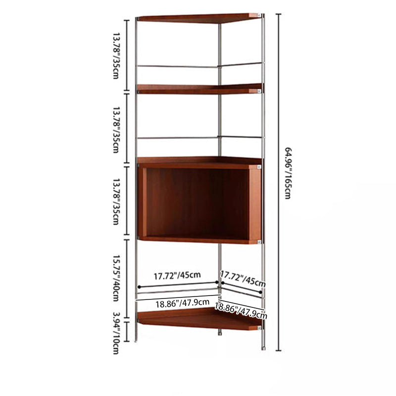 Modern Minimalist Triangular Cherry Wood Stainless Steel Corner Shelf Unit 5-Tier For Living Room