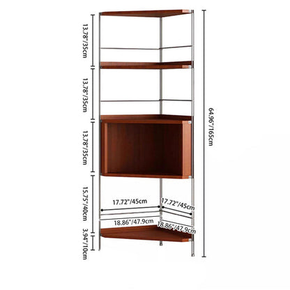 Modern Minimalist Triangular Cherry Wood Stainless Steel Corner Shelf Unit 5-Tier For Living Room