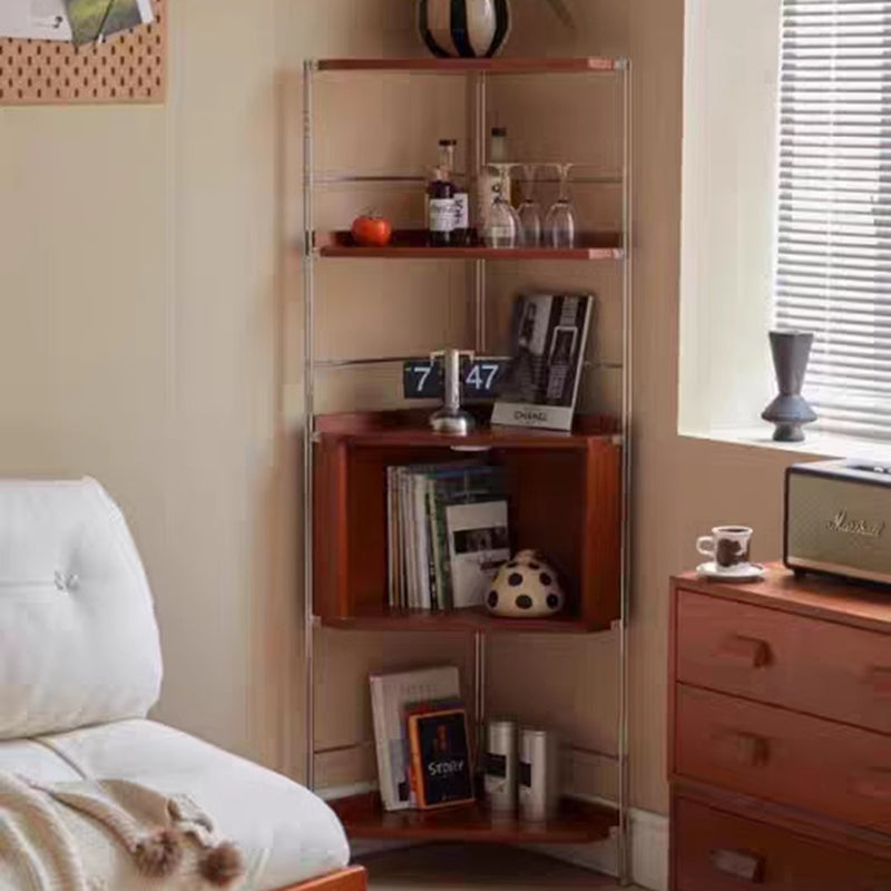 Modern Minimalist Triangular Cherry Wood Stainless Steel Corner Shelf Unit 5-Tier For Living Room